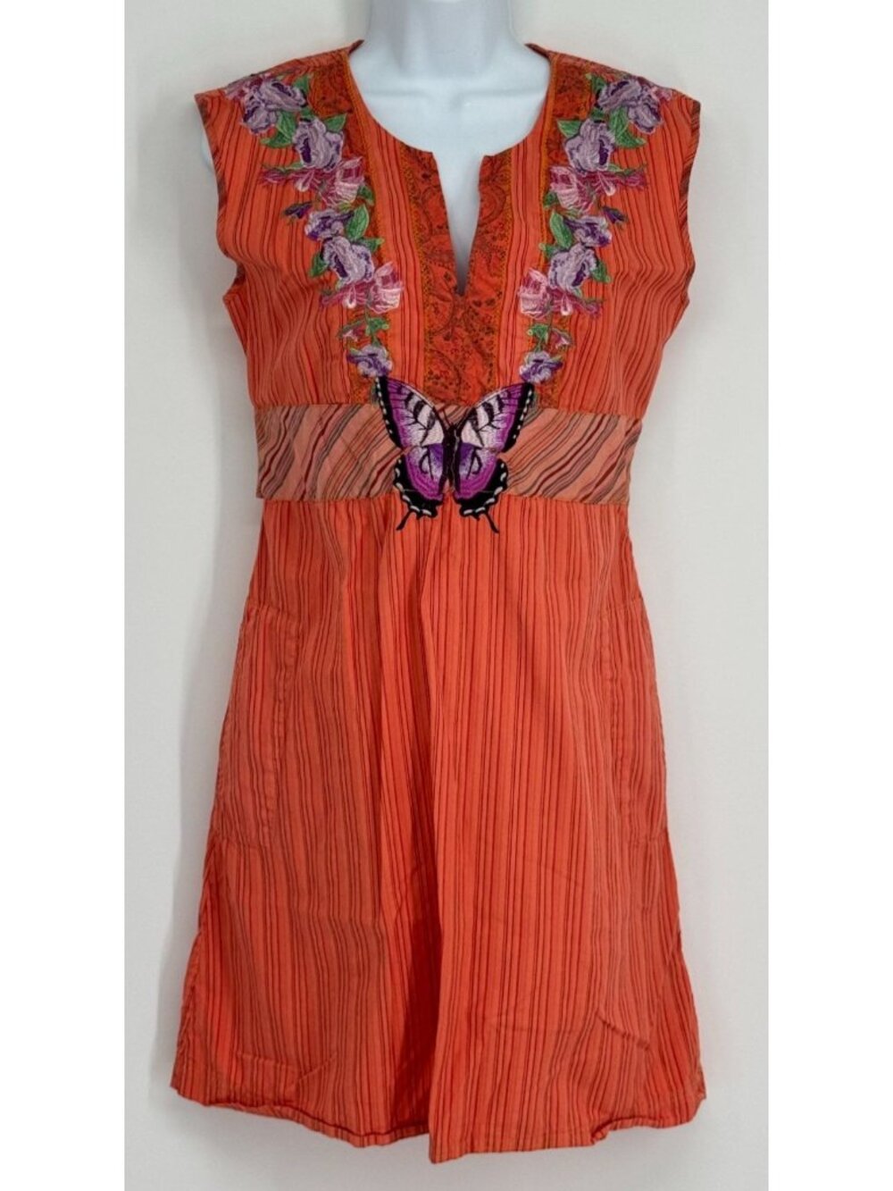 3J Workshop Johnny Was M Medium Coral Orange Floral Butterfly Boho Shift Dress